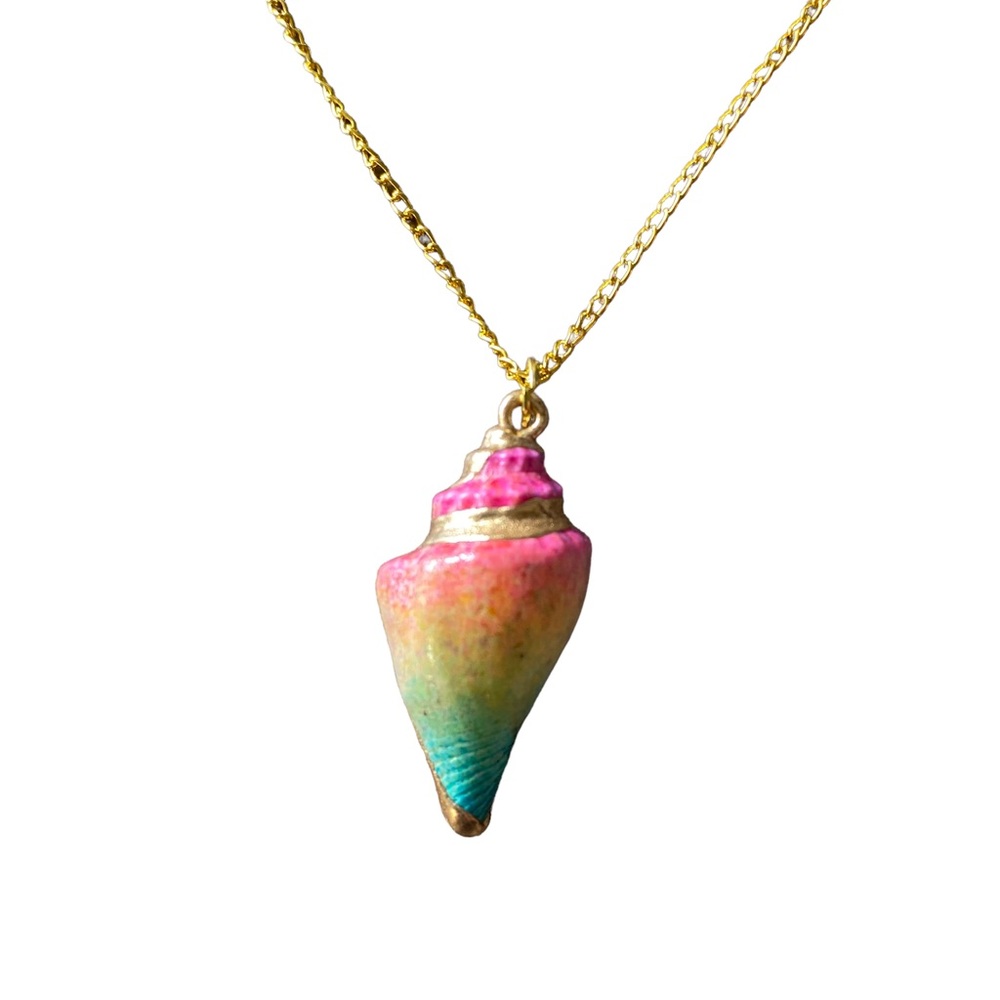 Rainbow Painted Seashell With Gold Accents Necklace